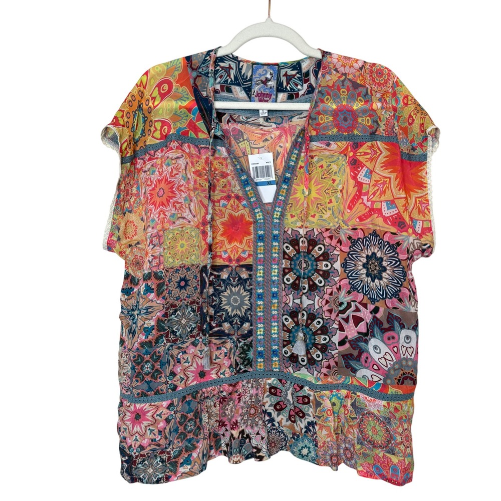 Johnny Was Kaleida‎ Paise Blouse Patchwork Boho Tassel Tunic Top Size XL